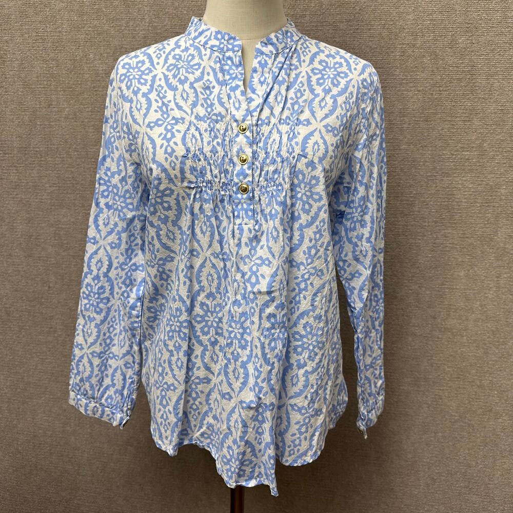 Liza Byrd Avery Cotton Pintuck Tunic Top Gold Button Coastal Bohemian Size Small